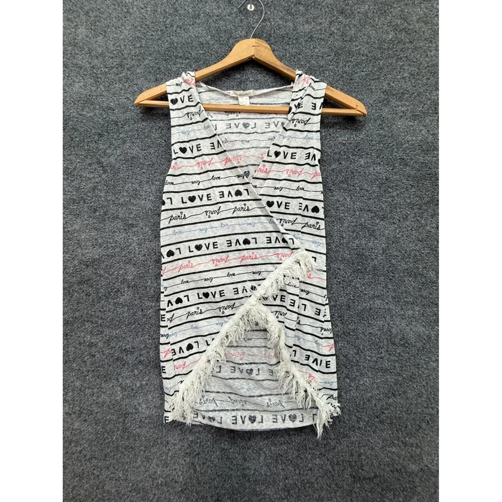 Self Esteem Vest Kids Large Gray Paris Heart Fringe Hooded Layering Top Boho Y2K